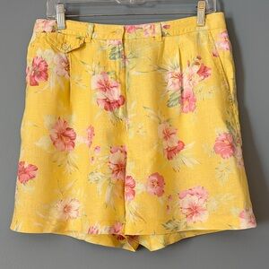 Ralph Lauren Yellow Floral Women's Shorts 100% Linen Vintage Size 12